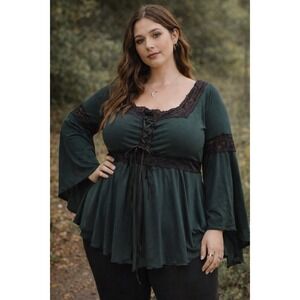 Green Lace Corset Peplum Top Bell Sleeve Witchy Whimsygoth Boho Peasant SZ 2X
